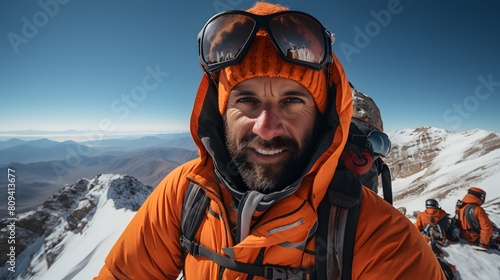 Climber reaching the summit, blue sky and snowy mountain background.