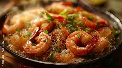 Exquisite Cuisine: Aromatic stir-fried shrimp with translucent vermicelli, an appetizing Asian delicacy.