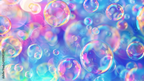 Abstract vibrant background of iridescent soap bubbles with light reflections