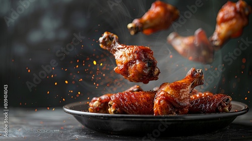 Floating Chicken Wings: Showcase succulent and tender chicken wings hovering above a plate, ready to tantalize taste buds. photo