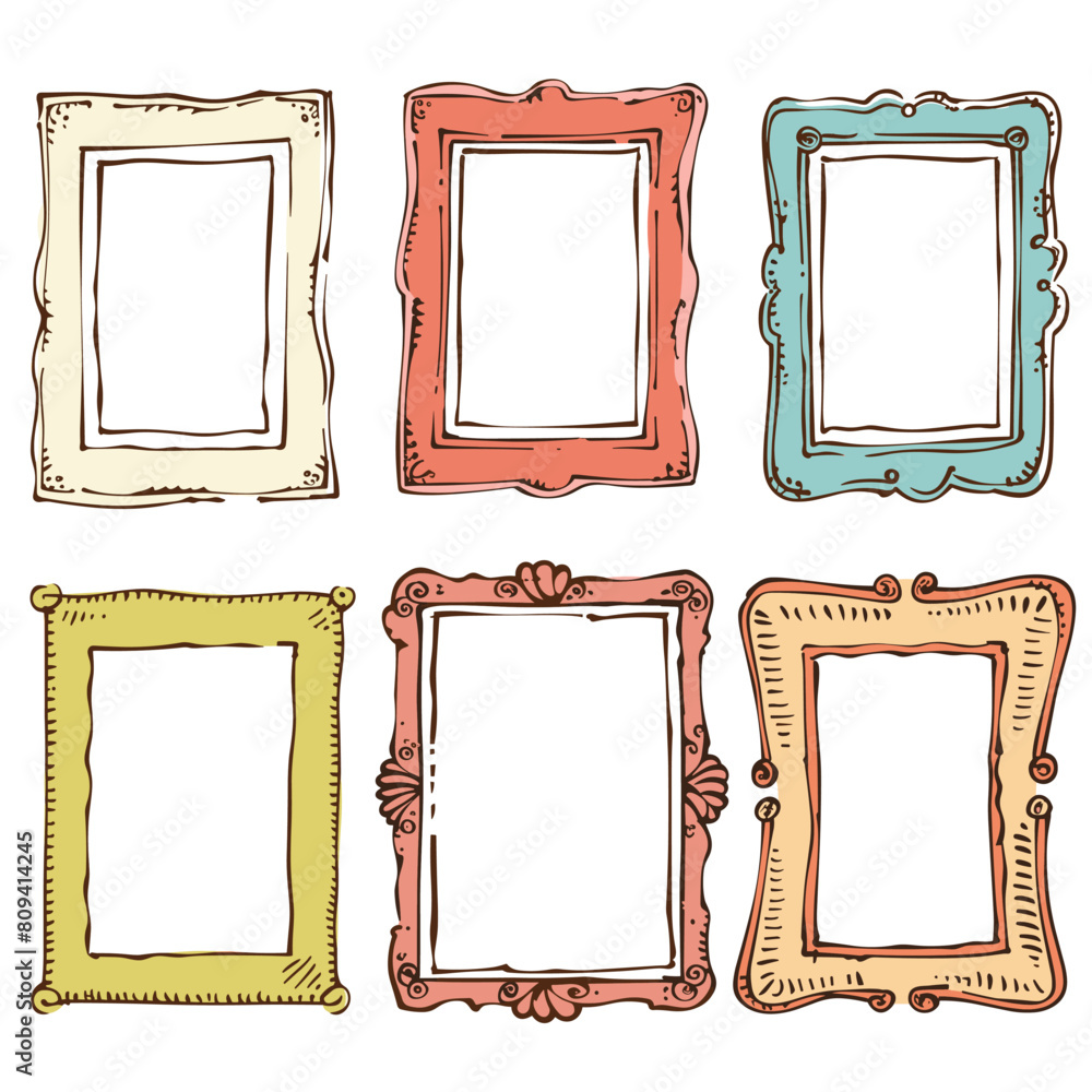 Handdrawn picture frames colorful detailed artwork. Six empty frames various shapes colors, ornamental classic design. Collection different rectangular frames, artistic doodle style