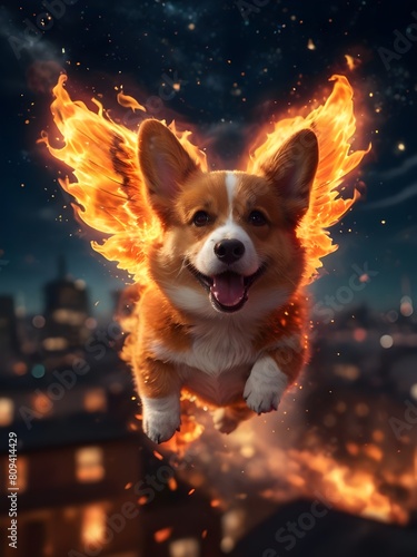 웰시코기 정면 불타는 두 날개를 가진 날으는 하얀양말신은 밤하늘 반려견 댕댕이 야경 도시 강아지 flying dog 하얀양말 천진난만 귀욤뽀짝 묘한 귀여운 petdog  photo