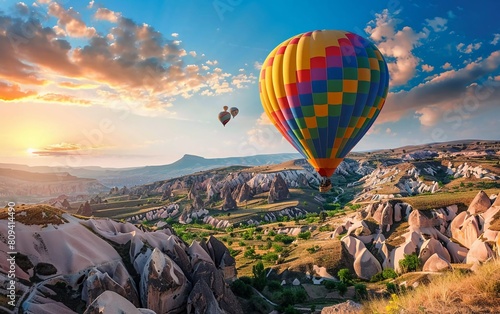Colorful hot air balloons flying over Cappadocia, Türkiye, breathtaking views