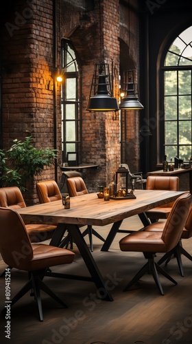 Industrial style meeting room with exposed brick walls  metal fixtures  and a robust wooden table