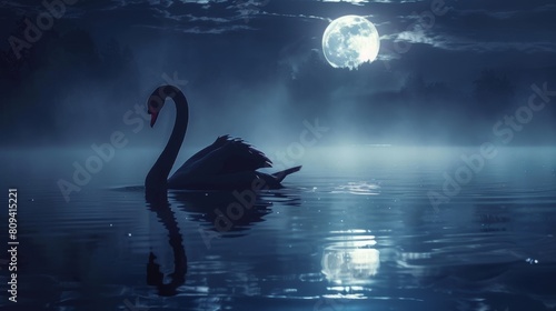 Fototapeta Naklejka Na Ścianę i Meble -  Serene swan under moonlight on misty lake