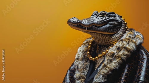 Stylish alligator in luxurious attire on orange backdrop