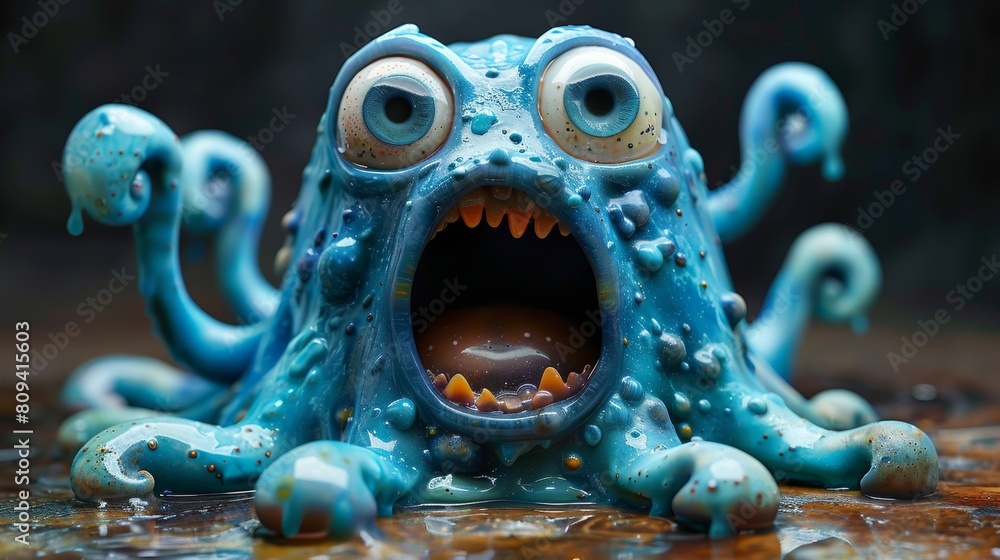 Fototapeta premium Whimsical blue monster toy emerging from water
