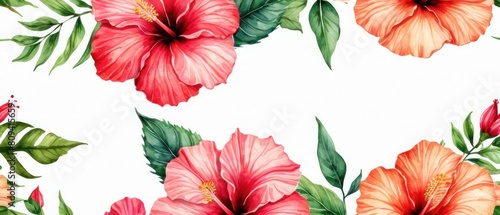 artistic background with watercolor textured hibiscus tropical flowers illustration over white background.