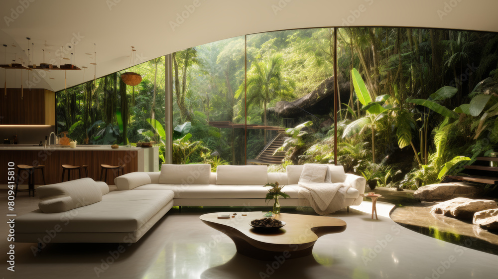 Photo of interior living room with swimming pool and trees
