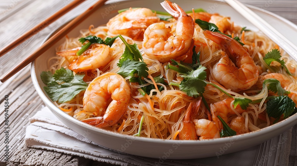 Tasty Seafood Fare: Irresistible shrimp and wok-tossed vermicelli, a satisfying dish bursting with flavor. Tasty Seafood Fare: Irresistible shrimp and wok-tossed vermicelli, a satisfying dish bursting with flavor.