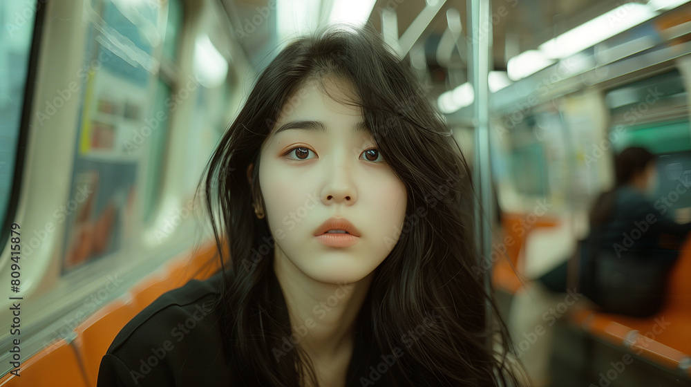 On her morning commute, a contemplative young Asian woman with long black hair rides a subway train, with other passengers blurred in the background. On her morning commute, a contemplative young Asian woman with long black hair rides a subway train, with other passengers blurred in the background.