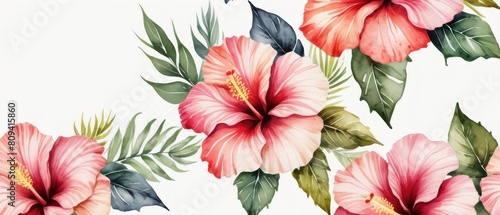 artistic background with watercolor textured hibiscus tropical flowers illustration over white background.