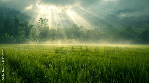 Morning mist parts to reveal dramatic sunbeams, painting a vivid scene of a lush tropical valley with green rice fields and dense forest.