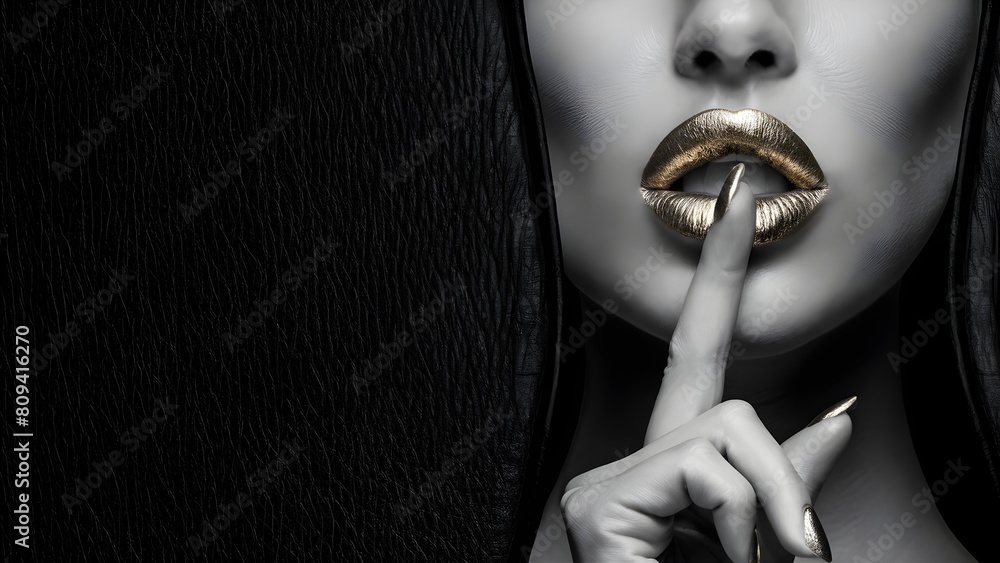 A striking black-and-white photograph featuring a woman's lips, painted boldly with gold lipstick. Her index finger, adorned with matching gold nail polish, is raised to her lip in a shushing gesture