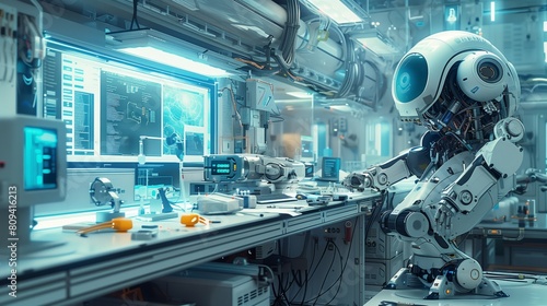 An advanced robot in a highly sophisticated and technologically equipped laboratory. 