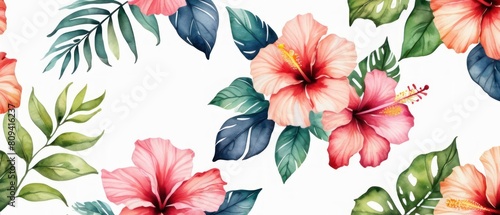 artistic background with watercolor textured hibiscus tropical flowers illustration over white background.