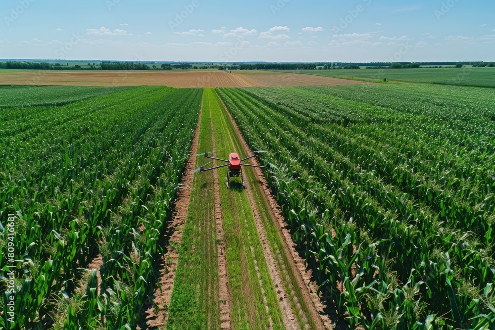 Aerial view of a farmer walking through long, lush rows of corn in a vast green field, symbolizing sustainable agriculture and farming practices.