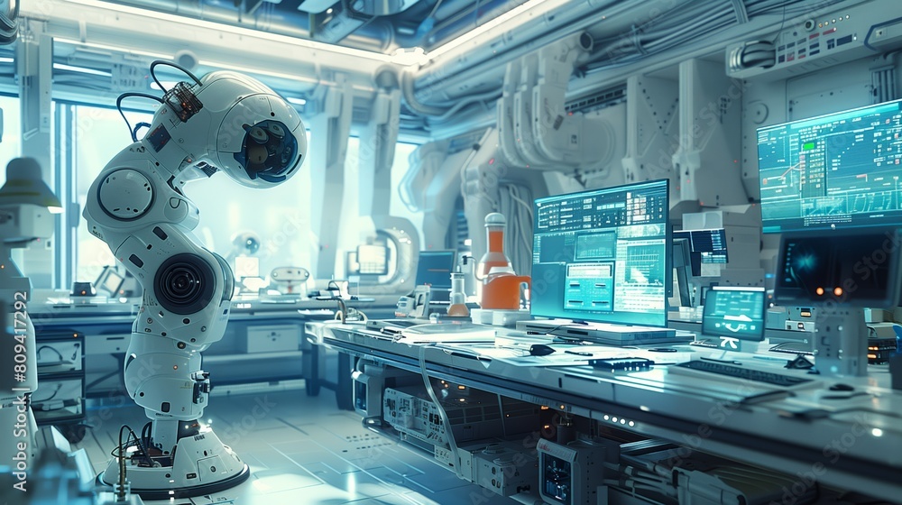An advanced robot in a highly sophisticated and technologically equipped laboratory.
An advanced robot in a highly sophisticated and technologically equipped laboratory.