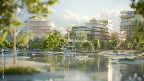 ClimateResilient Neighborhoods 3D models and renderings of urban developments designed to withstand the impacts of climate change, featuring green infrastructure, floodresistant buildings, and decentr