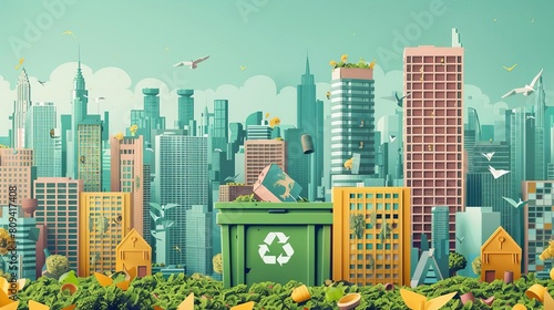 ZeroWaste Cityscape Collage images showcasing city scenes with zerowaste initiatives such as recycling programs, composting facilities, and reusable packaging systems, illustrating the potential for c photo