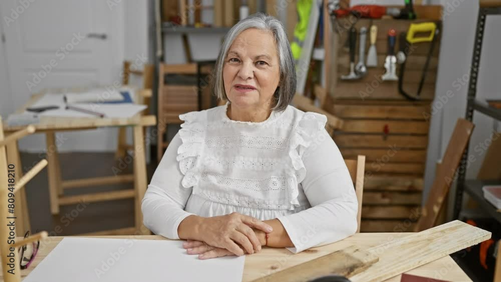 Senior woman sits confidently in her woodworking workshop, embodying skilled craftsmanship and independence. Senior woman sits confidently in her woodworking workshop, embodying skilled craftsmanship and independence.