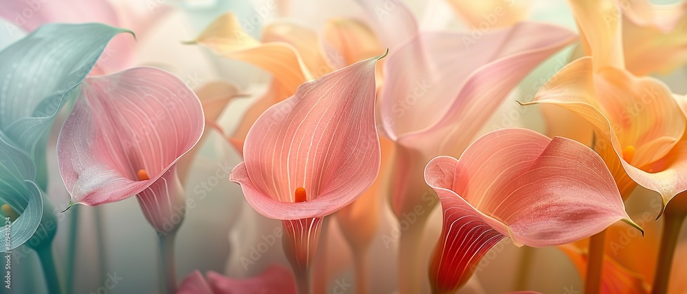 A vibrant and colorful illustration of beautiful calla lilies perfect for background or a landscape type of product printing backdrop, Generative AI.