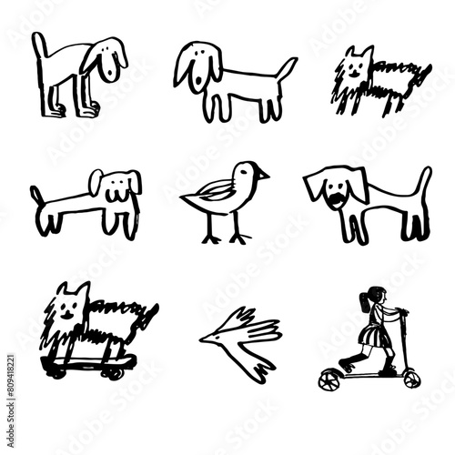 pájaros perros vector niña en patineta a mano