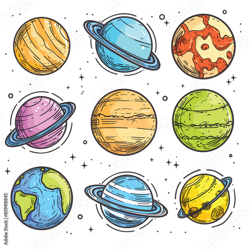 Handdrawn colorful planets stars space celestial bodies. Cartoon planets illustrations set cosmic astronomy theme. Doodle style space exploration education material