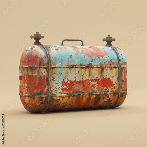 rusty vintage gas canister with blue and red accents.