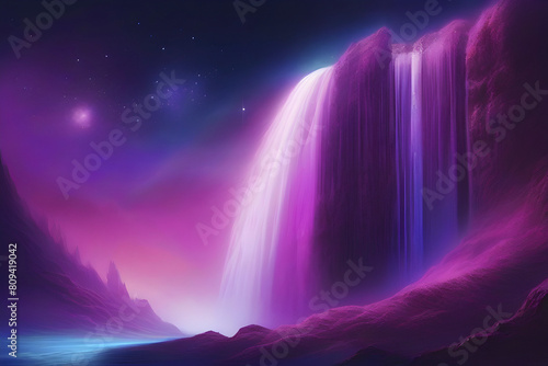 A waterfall cascading down from a nebula in space.