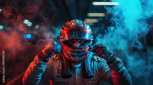 race driver holding the trophy on blue background.
