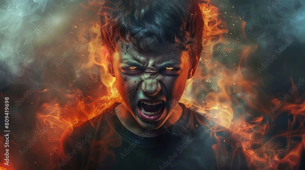 A cute young boy in a angry mood, firing with anger glowing fire