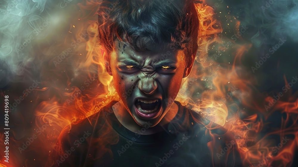A cute young boy in a angry mood, firing with anger glowing fire A cute young boy in a angry mood, firing with anger glowing fire