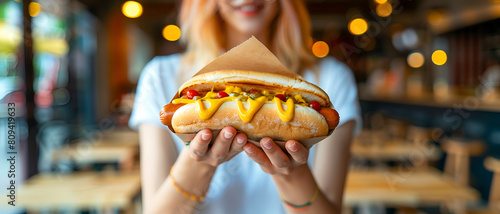 a beautiful woman s hands holding hotdog