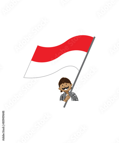 Illustration Javanese Indonesia male cartoon character hold Indonesia flag