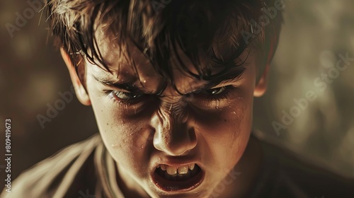 A boy in a angry mood frowning photo