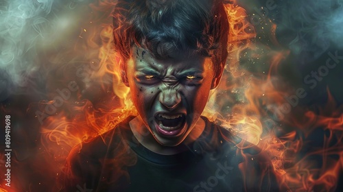 A cute young boy in a angry mood  firing with anger glowing fire