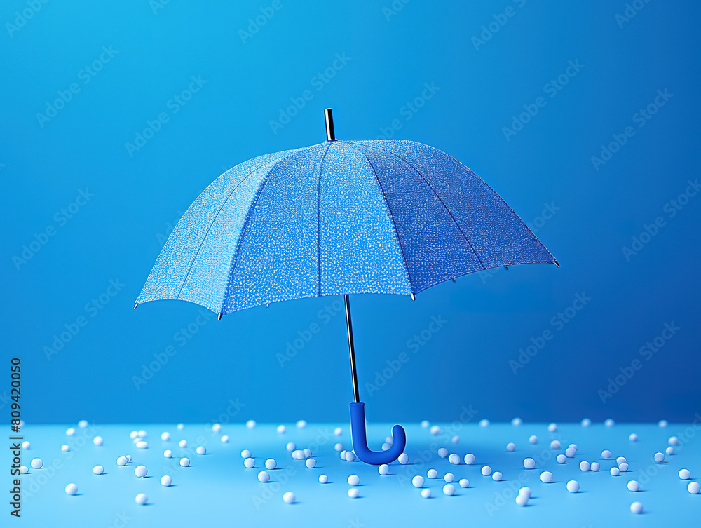 Beautiful blue umbrella close up against the background of rain
