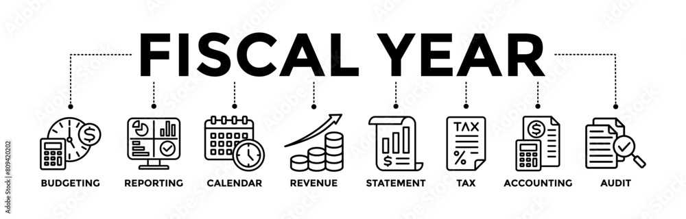 Fiscal year banner icons set with black outline icon of budgeting, reporting, calendar, revenue, statement, tax, accounting, and audit Fiscal year banner icons set with black outline icon of budgeting, reporting, calendar, revenue, statement, tax, accounting, and audit