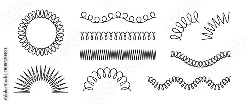 Spiral spring set. Black metal wire coil spring collection. Thin wire frames, zigzag lines, metal waves, flexible coils and arch element pack for graphic design templates, decor. Vector bundle