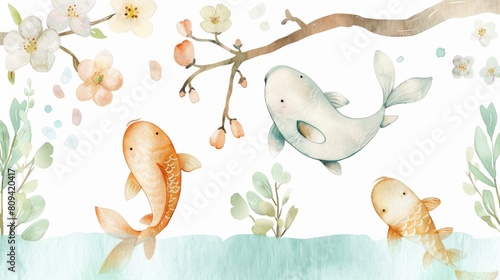Watercolor painting of three fish are swimming in a pond with a tree branch in the background. The fish are orange and white