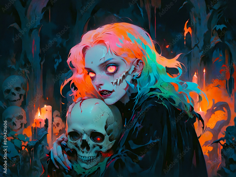 Illustration of a Witch Holding a Skull, AI Generative