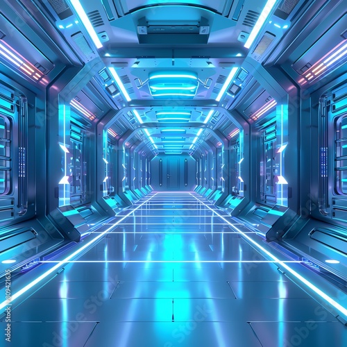 A long, futuristic corridor with blue lights. The walls are made of metal and there is a door at the end of the hall.
