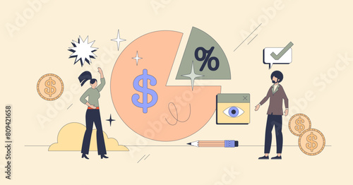 Commission percentage as interest of deal tiny person neubrutalism concept. Profit calculation with financial percent analysis vector illustration. Calculation about revenue, earnings and tax rate.