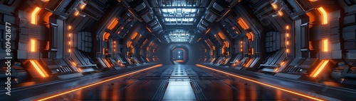 A long  futuristic spaceship corridor with glowing orange lights. The walls are made of metal and there is a door at the end of the corridor.