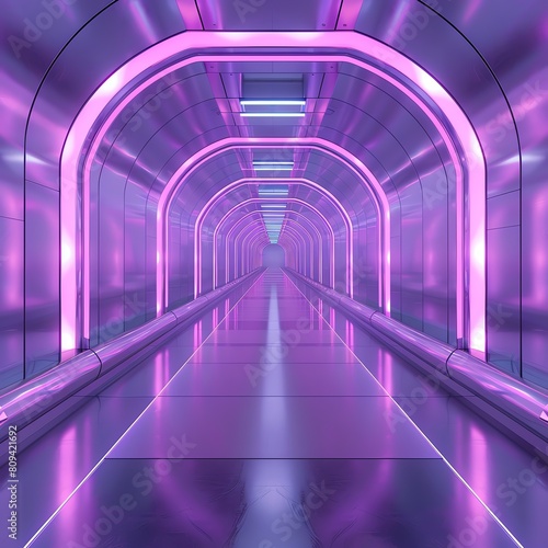 A long  futuristic corridor with bright pink neon lights. The floor is made of reflective material  and the walls are lined with glass panels.