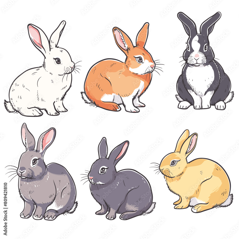 Six handdrawn rabbits, various colors, cute bunny illustrations. Detailed rabbit sketches, pet drawing set, cartoon style. Fluffy animals, white, orange, black, grey, yellow different poses Six handdrawn rabbits, various colors, cute bunny illustrations. Detailed rabbit sketches, pet drawing set, cartoon style. Fluffy animals, white, orange, black, grey, yellow different poses