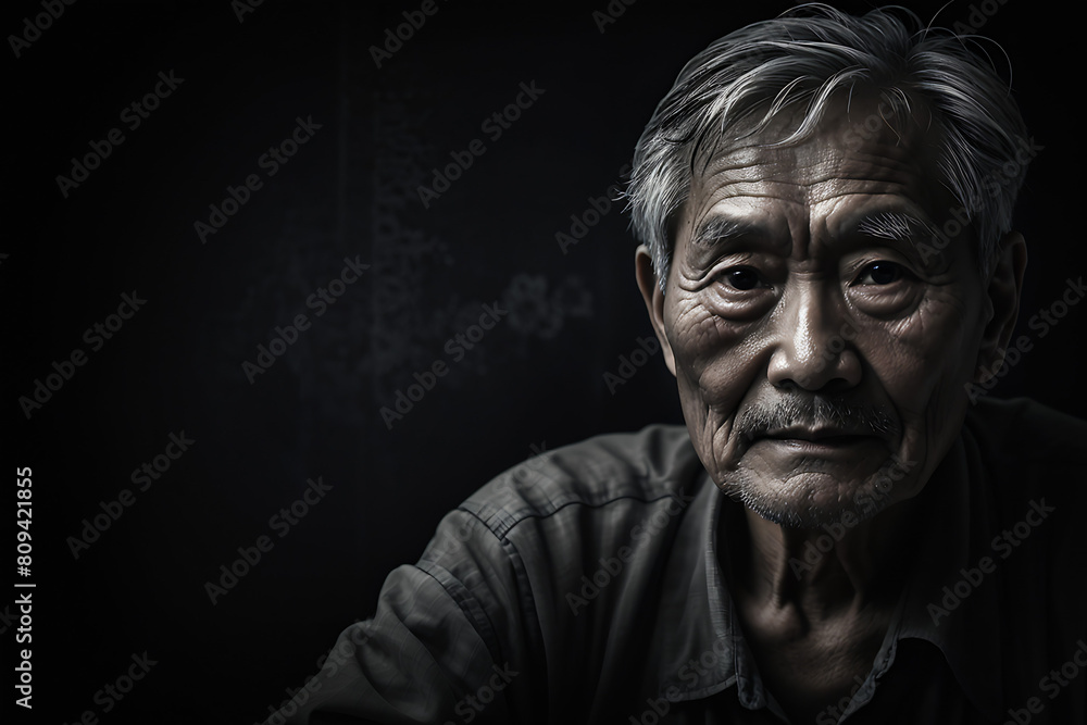 Portrait of Asian elderly man sitting alone looking at camera on dark background, wrinkled skin, gray hair, 60+ years old.