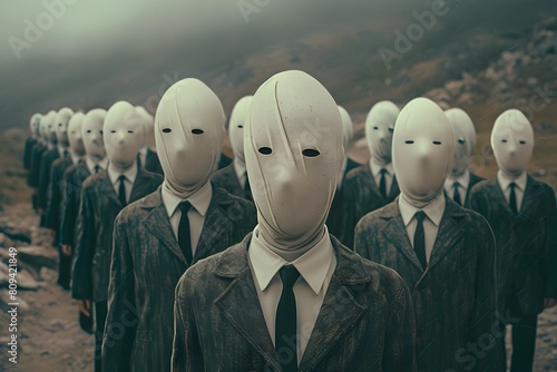 Surreal Conformity in the Corporate Workforce:Faceless Men in Suits Symbolize Dehumanization and Loss of Identity photo