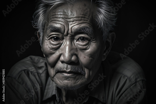Portrait of Asian elderly man sitting alone looking at camera on dark background, wrinkled skin, gray hair, 60+ years old.